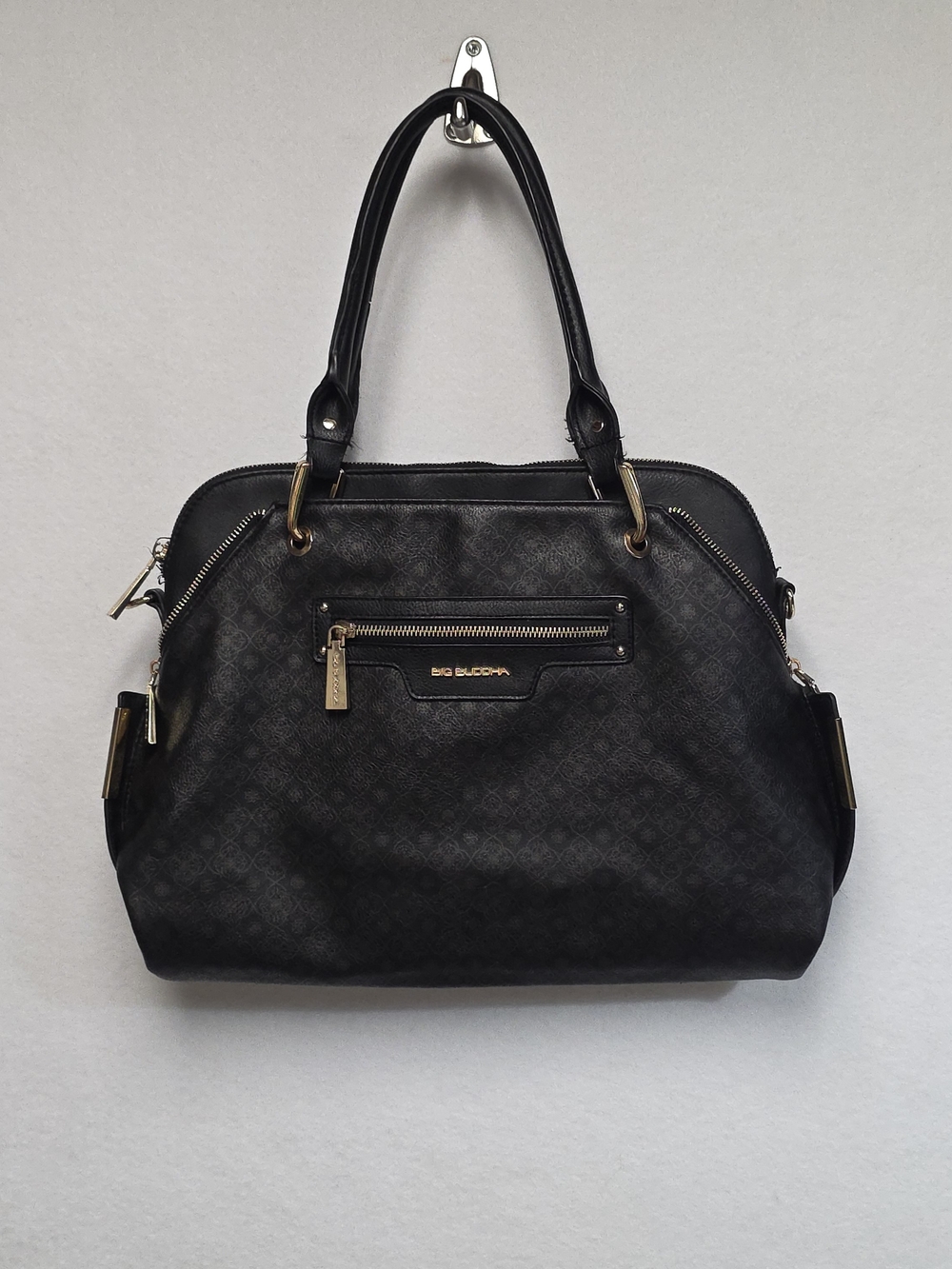 Big Buddha Black Monogram Print Satchel with Polished Goldtone Accents